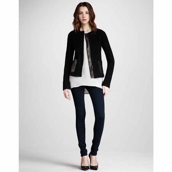 Vince Jackets & Blazers - Vince Black Leather Pocket Tweed Zip Moto Jacket